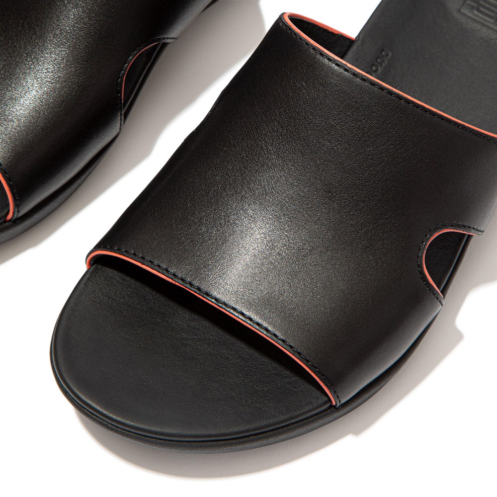 Fitflop Womens Slides - H-bar Pop-binding Leather - Black - 354-KCZQFN